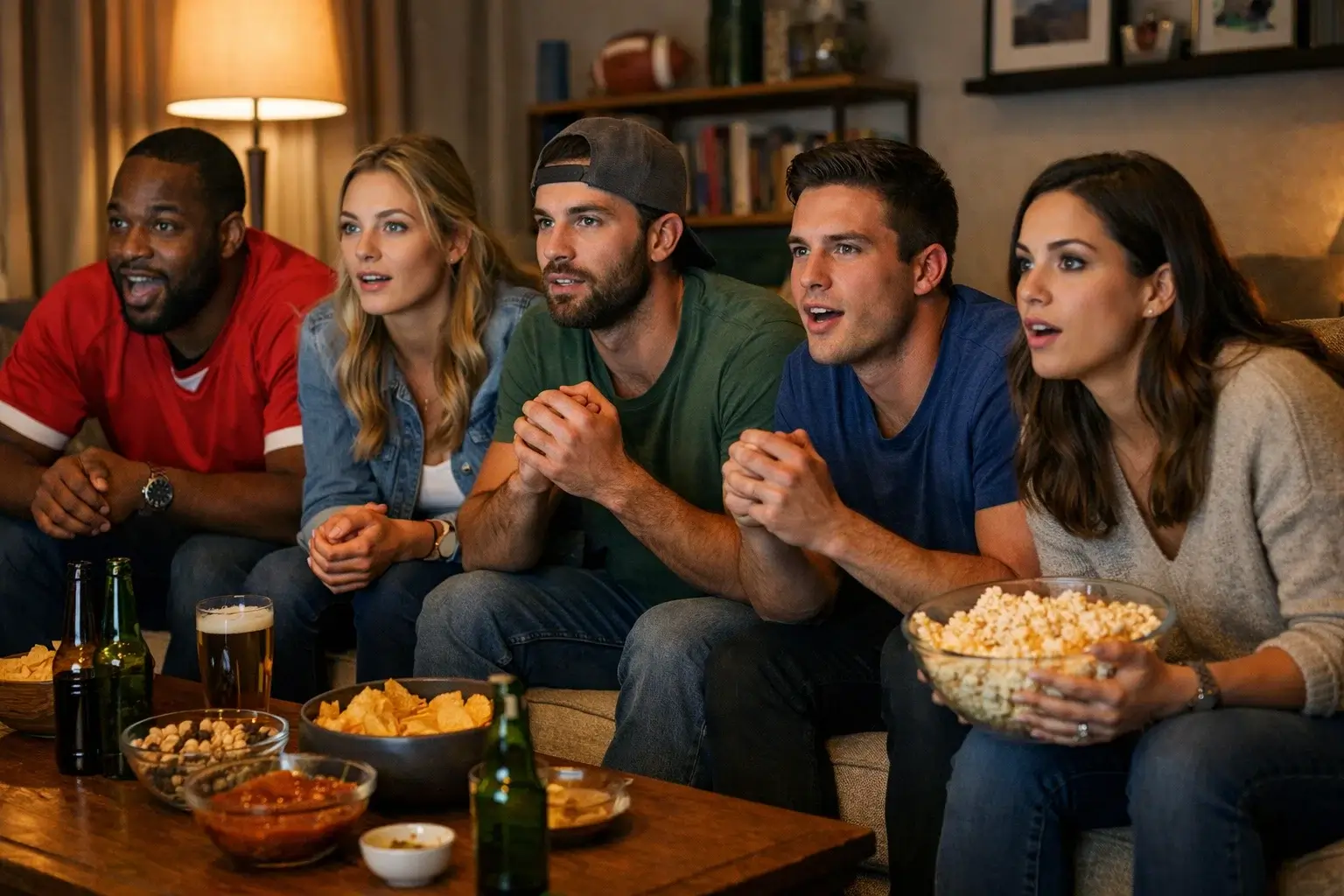Group of friends watching football together on television in a living room