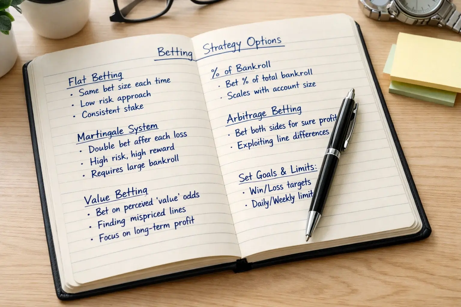 Notebook with different betting strategy options written out