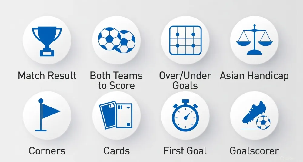 Grid of betting market icons including match result, BTTS, corners, and goalscorer options