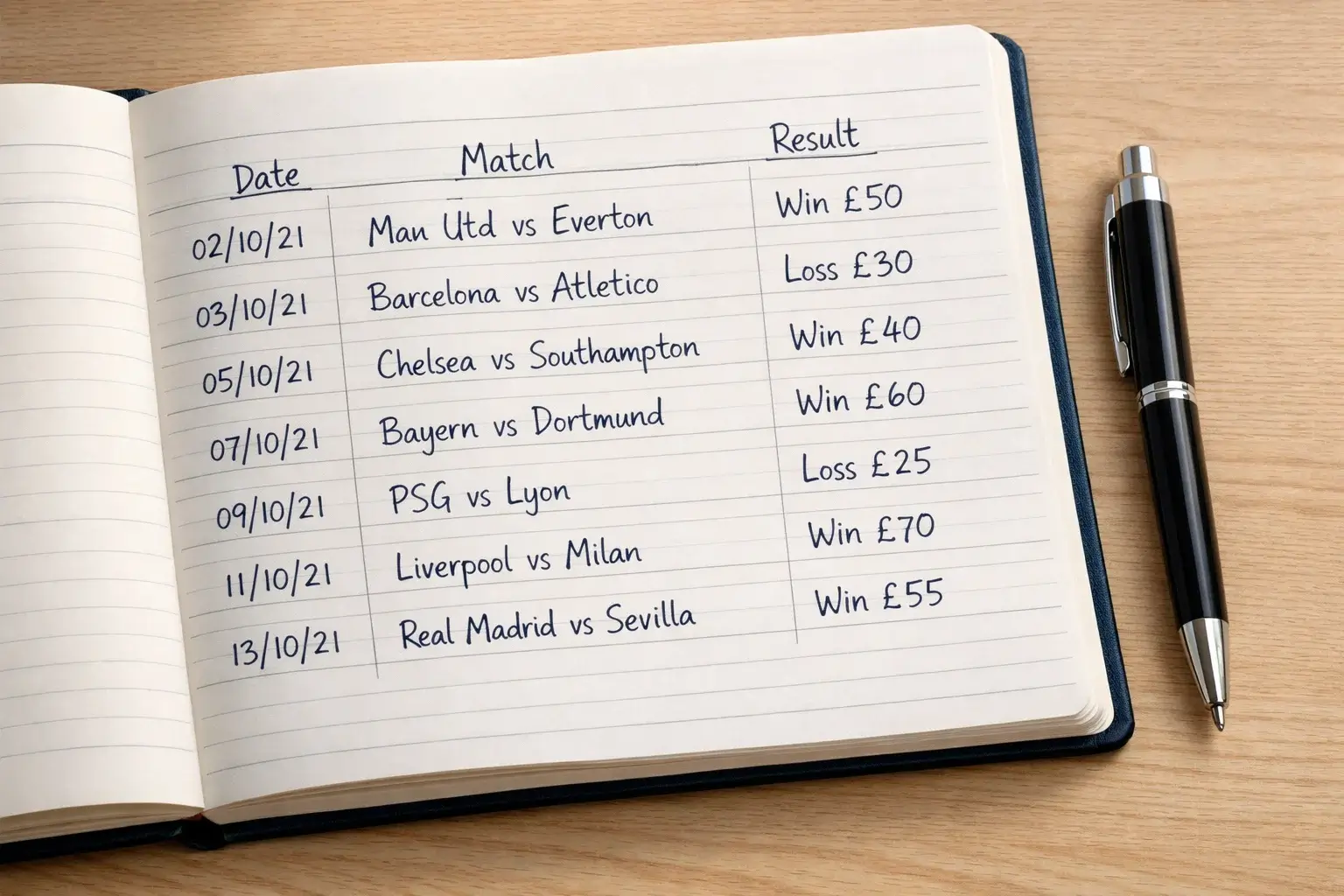Open notebook showing betting record entries with pen beside it