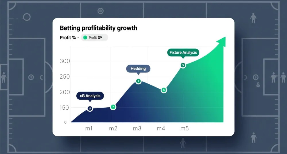 Betting success systematic growth chart showing upward profitability trend through xG analysis, hedging, arbitrage, and fixture analysis strategies