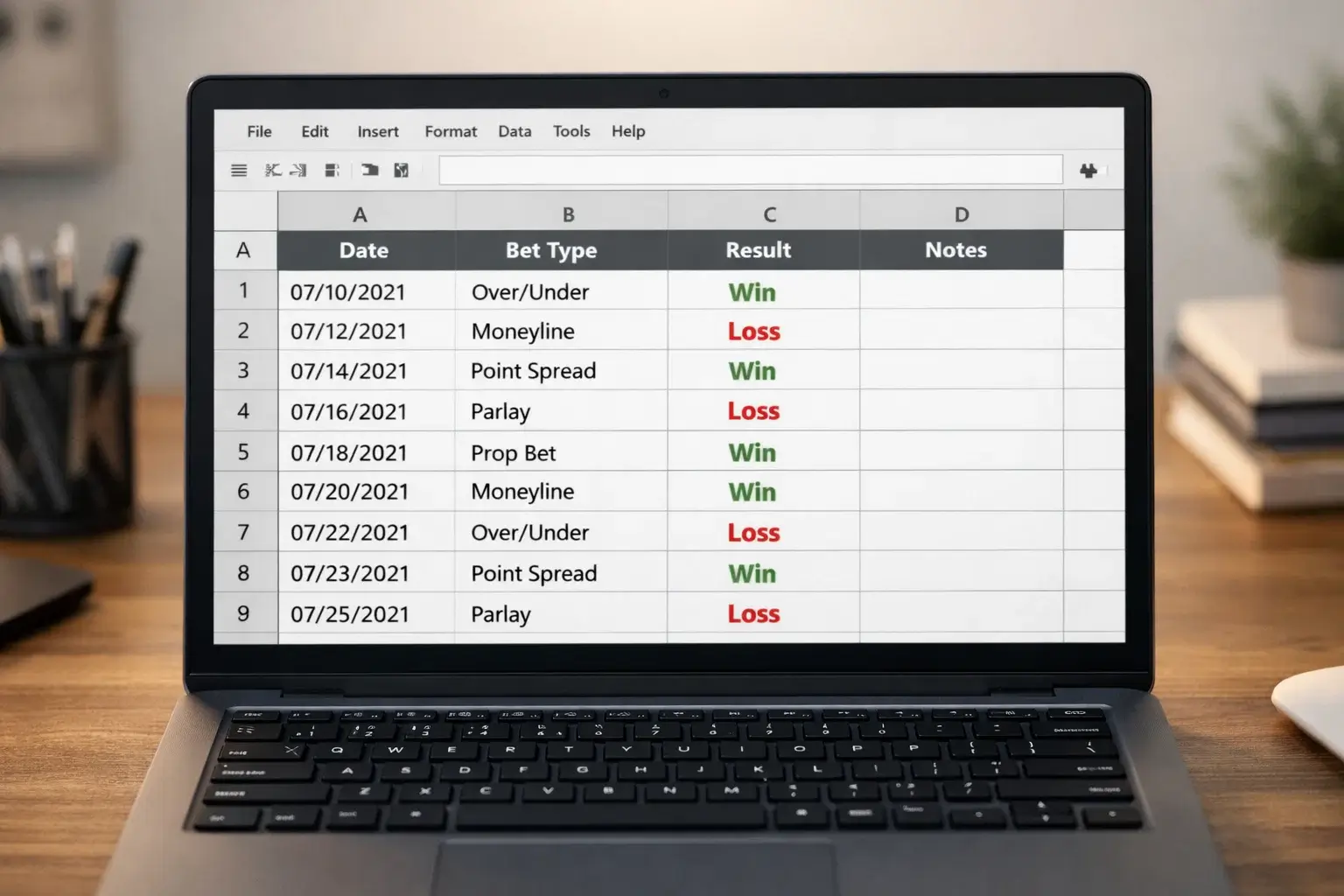Laptop screen showing a betting record spreadsheet with columns for stakes and results