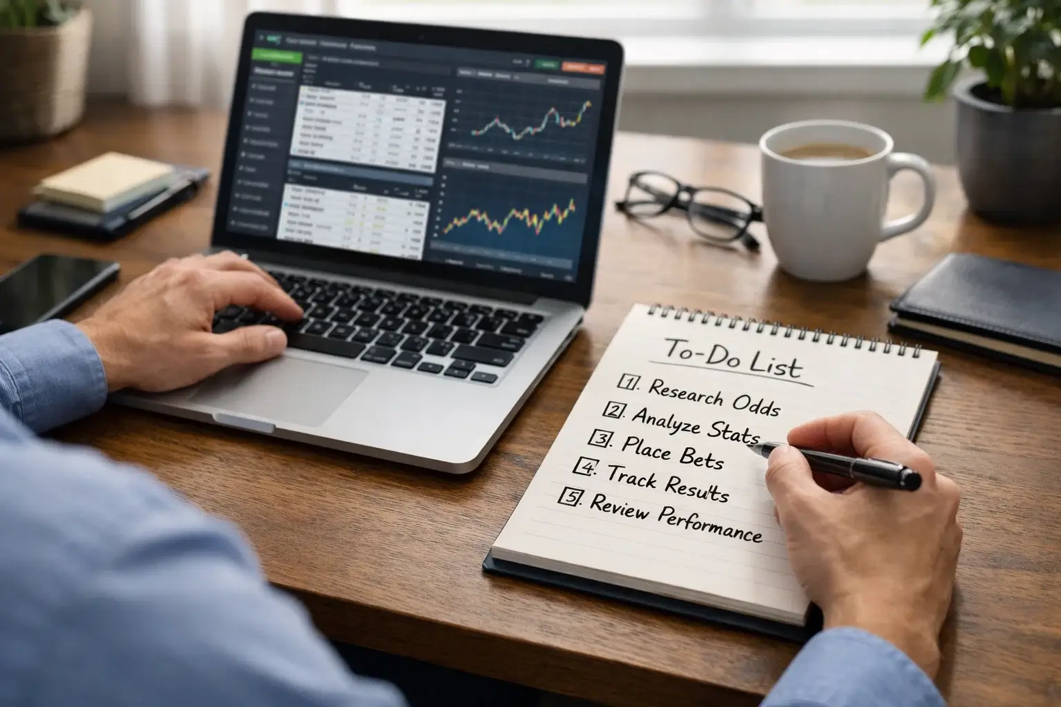 Person working methodically at computer with notepad showing a checklist