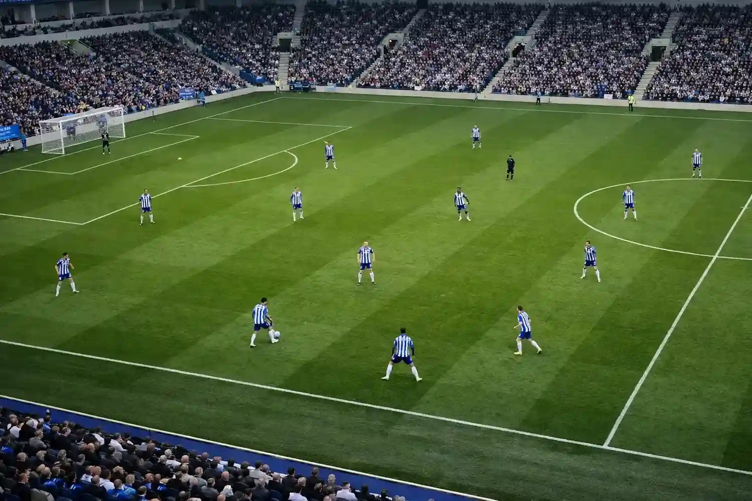 Football team in an attacking formation with players positioned high up the pitch