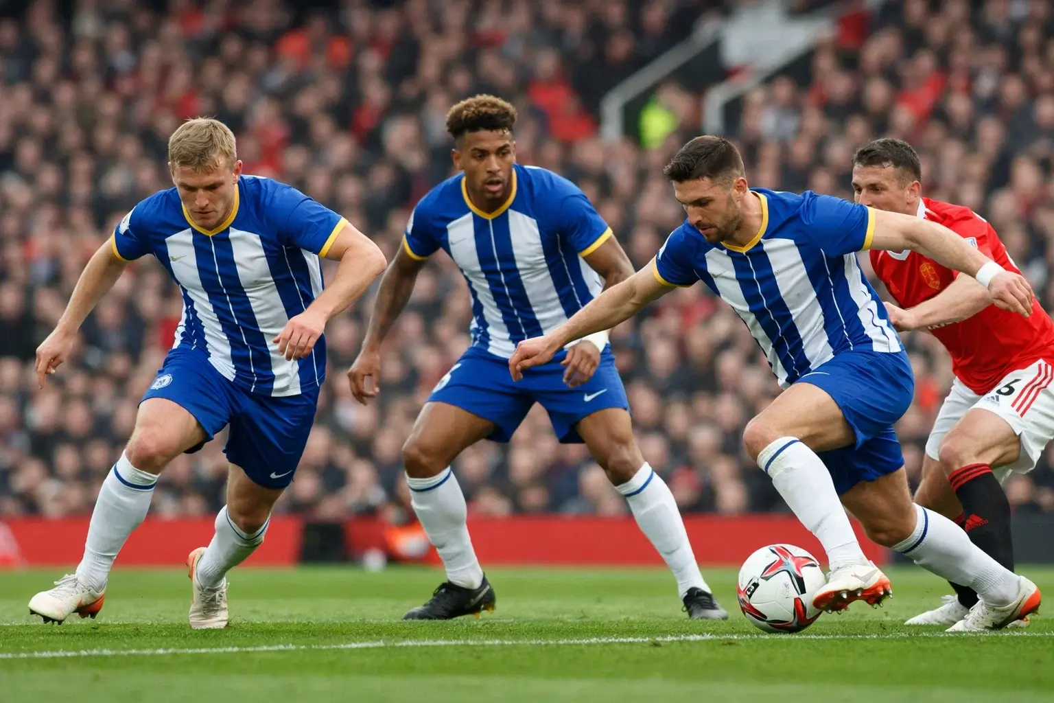 Brighton players in action during an away Premier League fixture