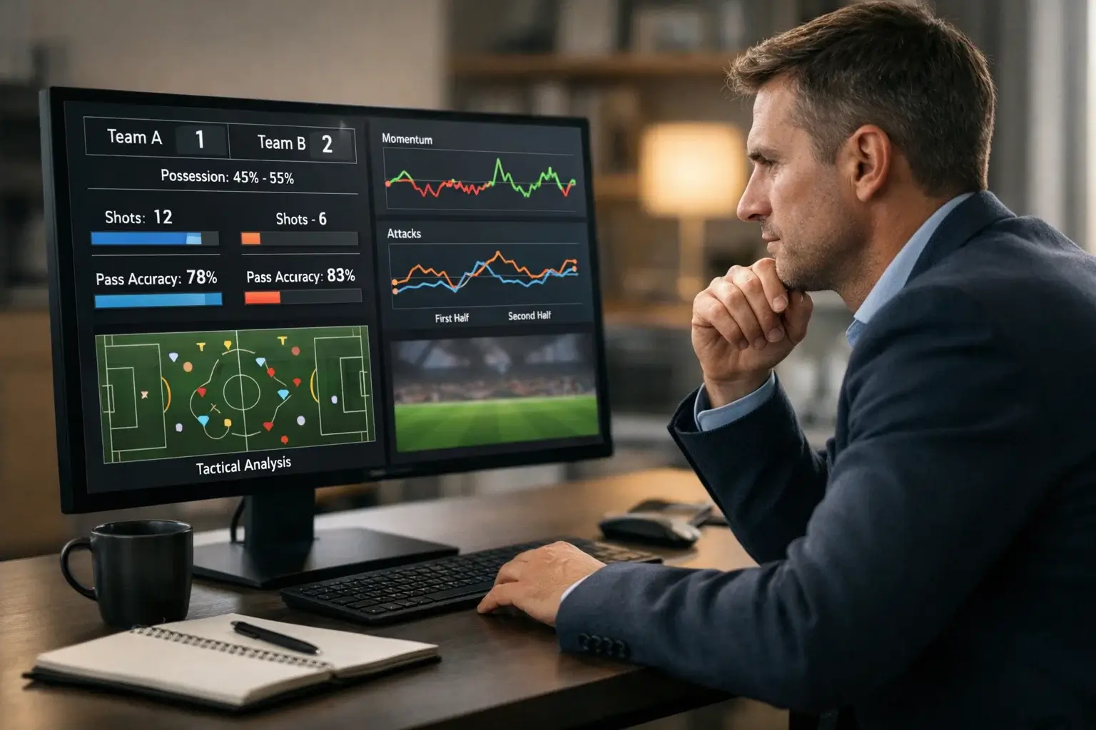 Sports analyst reviewing match data on a computer screen