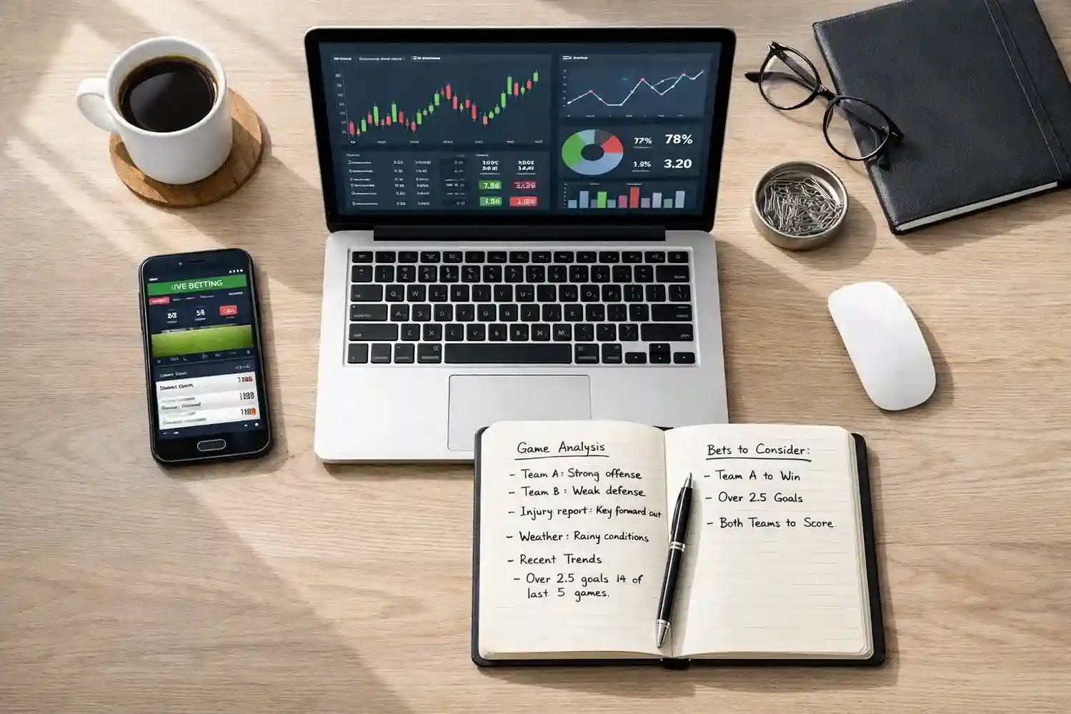 Organized desk with notebook, laptop and smartphone showing sports data