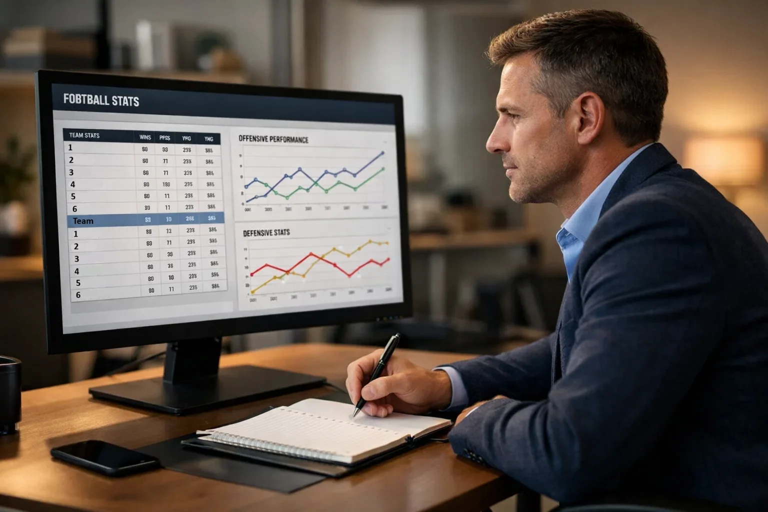 Person studying football data and statistics on a computer monitor