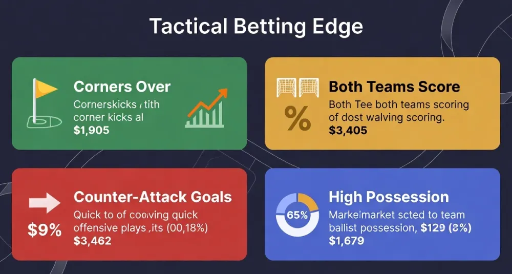 Brighton betting strategy tactical summary showing key betting markets: corners over, both teams score, counter-attack goals, and high possession