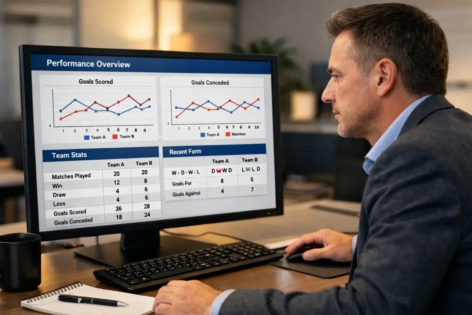 Sports analyst reviewing match data and statistics