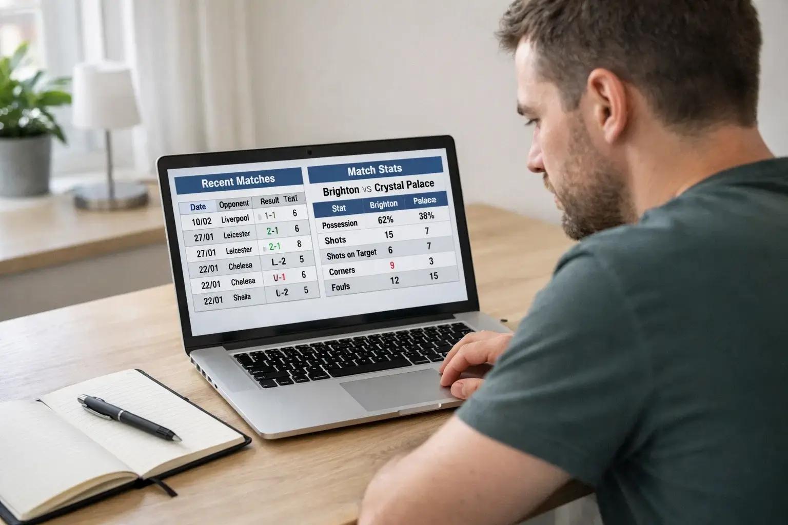 Person analyzing football statistics on a laptop computer