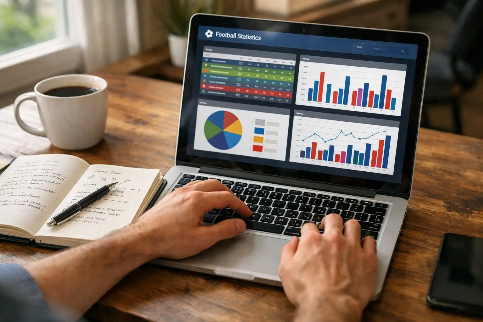 Person reviewing football statistics on laptop with notebook for notes