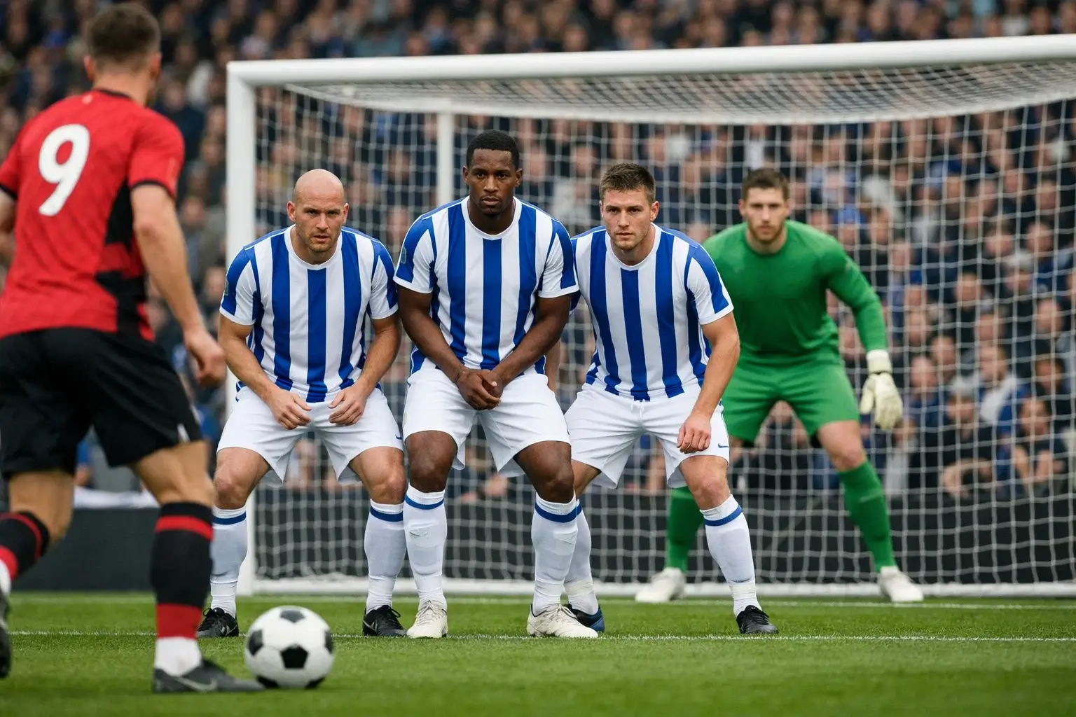 Defensive football team forming a compact low block in their penalty area