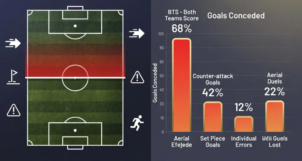 Brighton defensive vulnerabilities statistical analysis showing counter-attack goals, set piece weakness, and both teams score percentage
