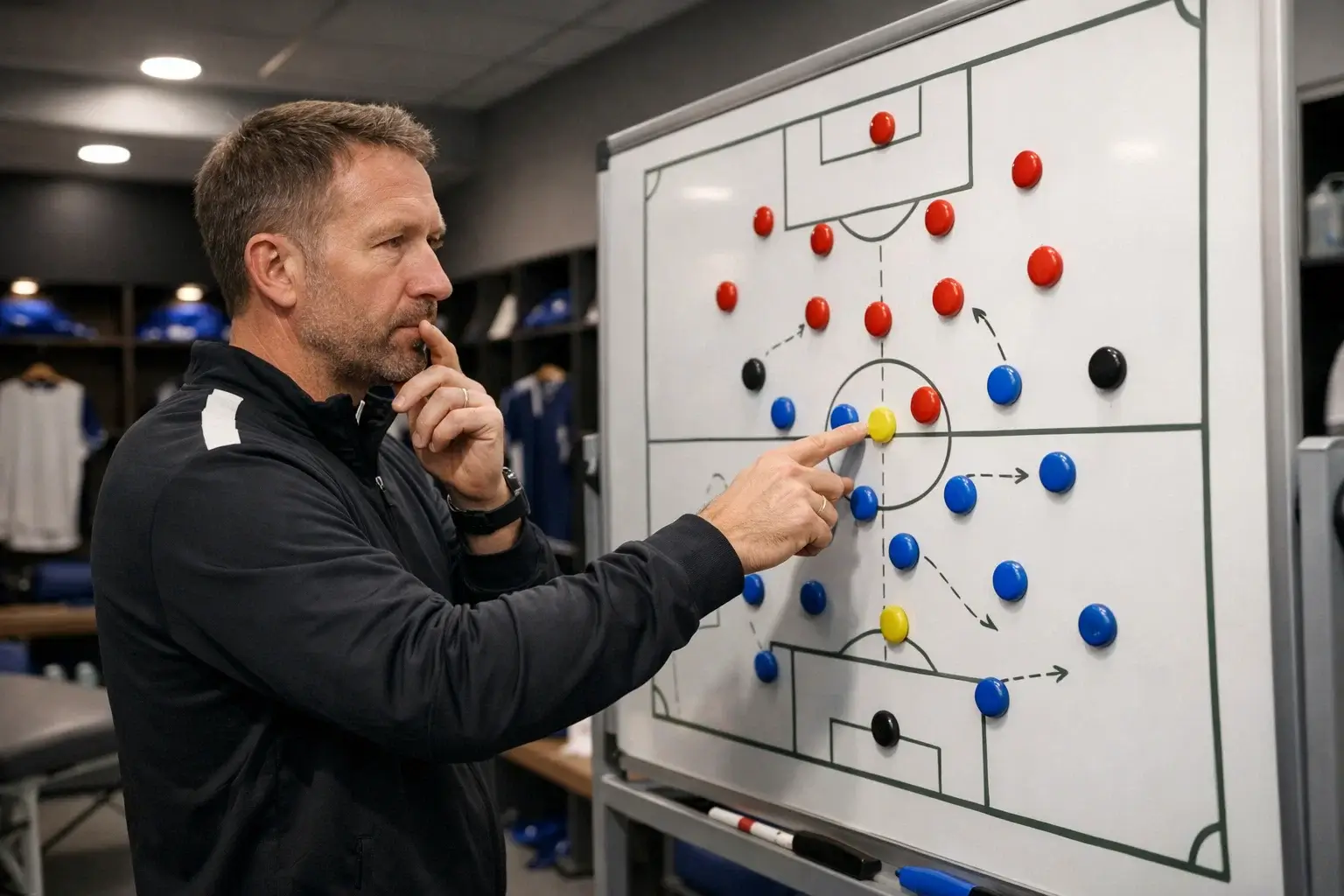 Football manager reviewing squad lineup on tactical board before FA Cup match