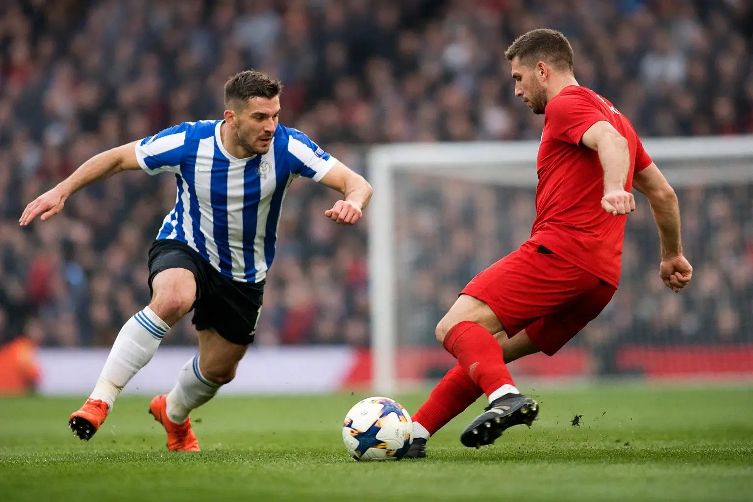 Football players in an intense pressing situation near the opponent's goal