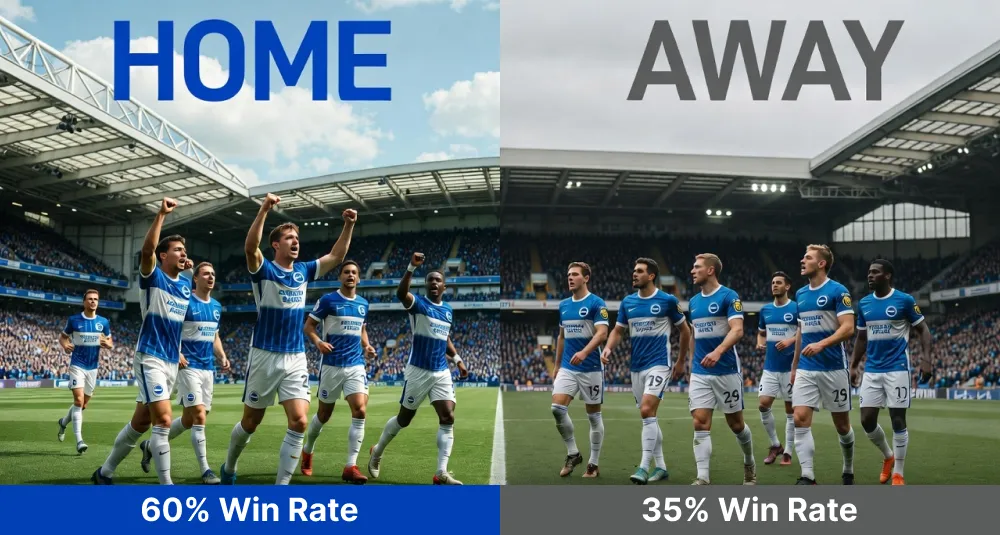 Split image comparing Brighton's confident home performance versus subdued away matches