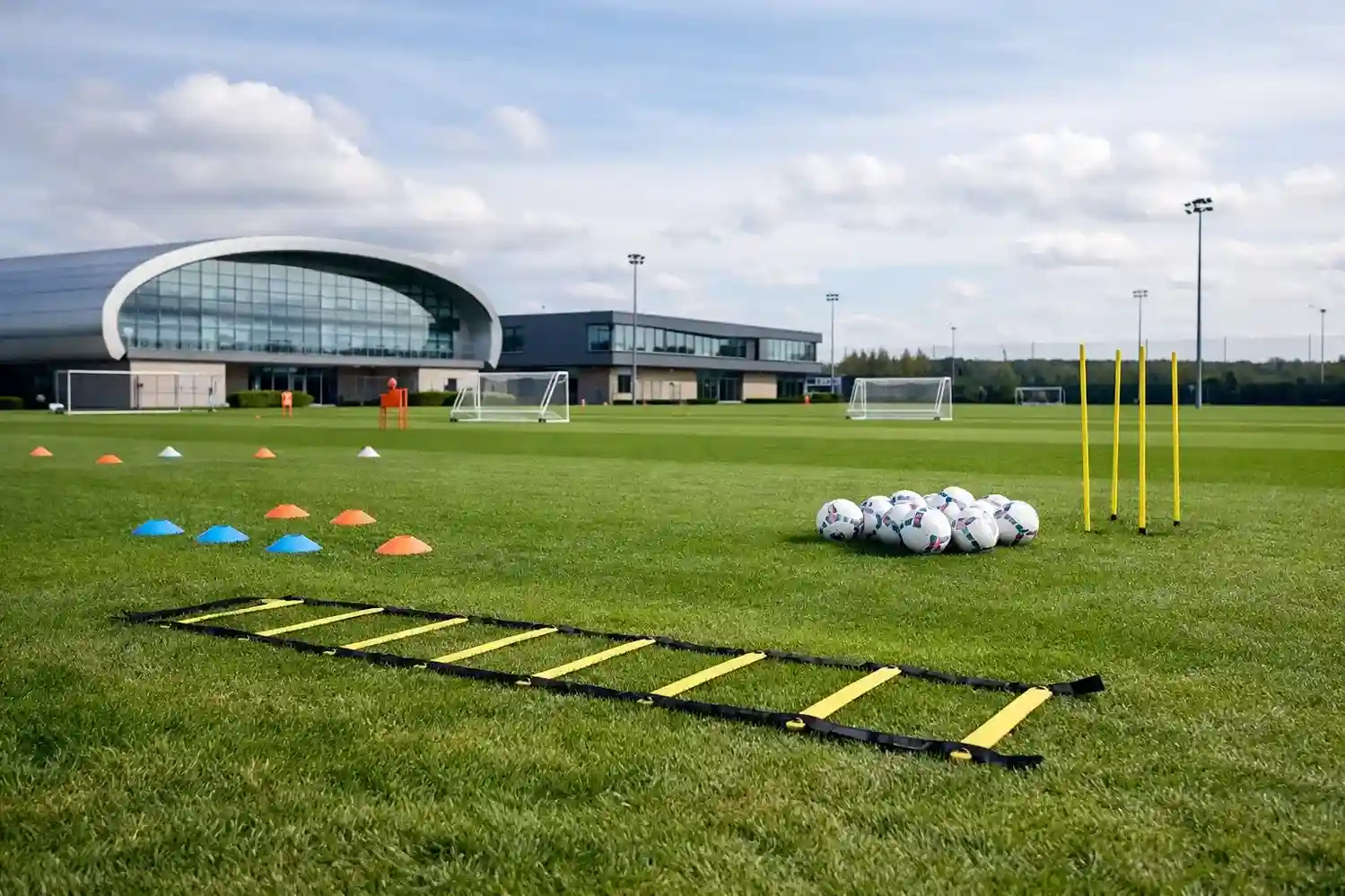 Empty football training ground with equipment set up awaiting players return