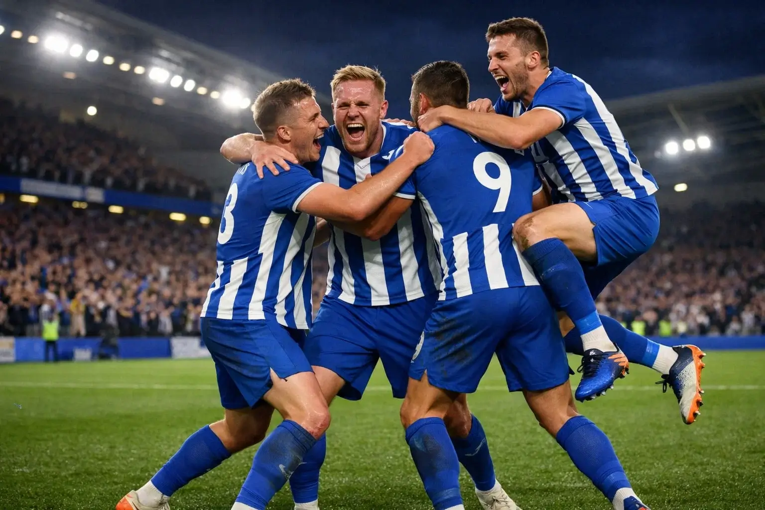 Football players celebrating a late winning goal with fans in the background at night