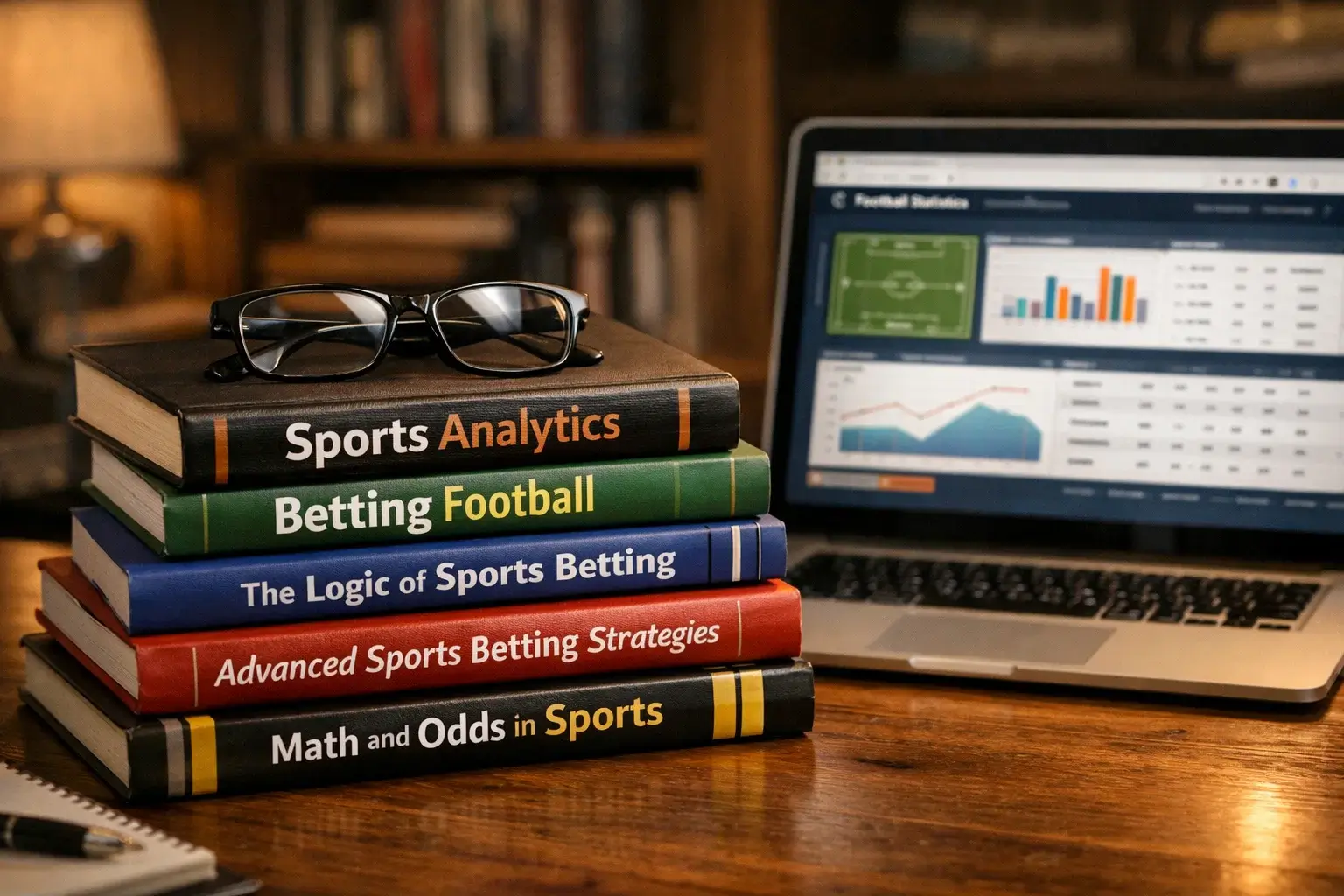 Stack of sports analytics books next to laptop displaying football statistics website