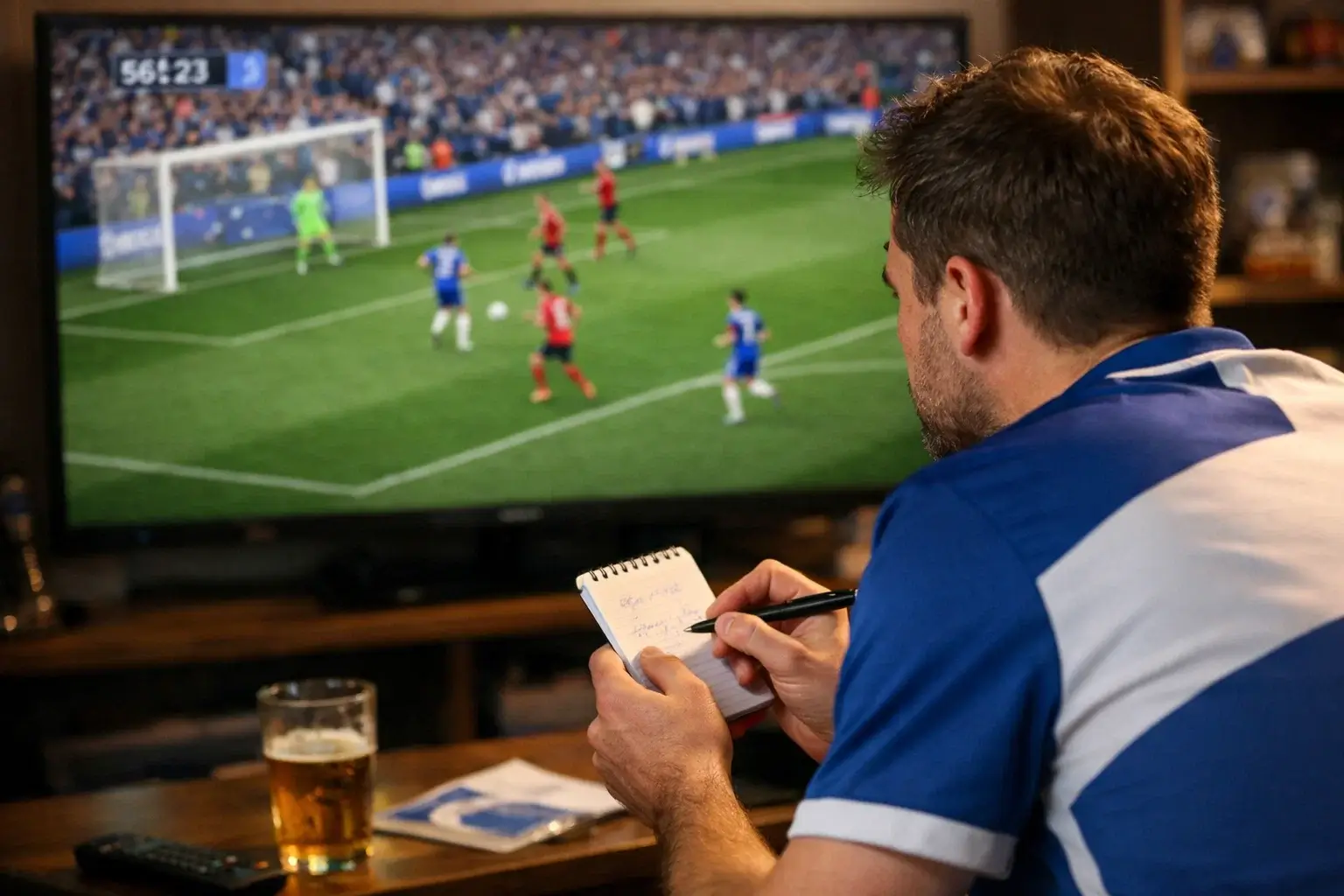 Football fan watching a match intently on a large screen with betting slip in hand