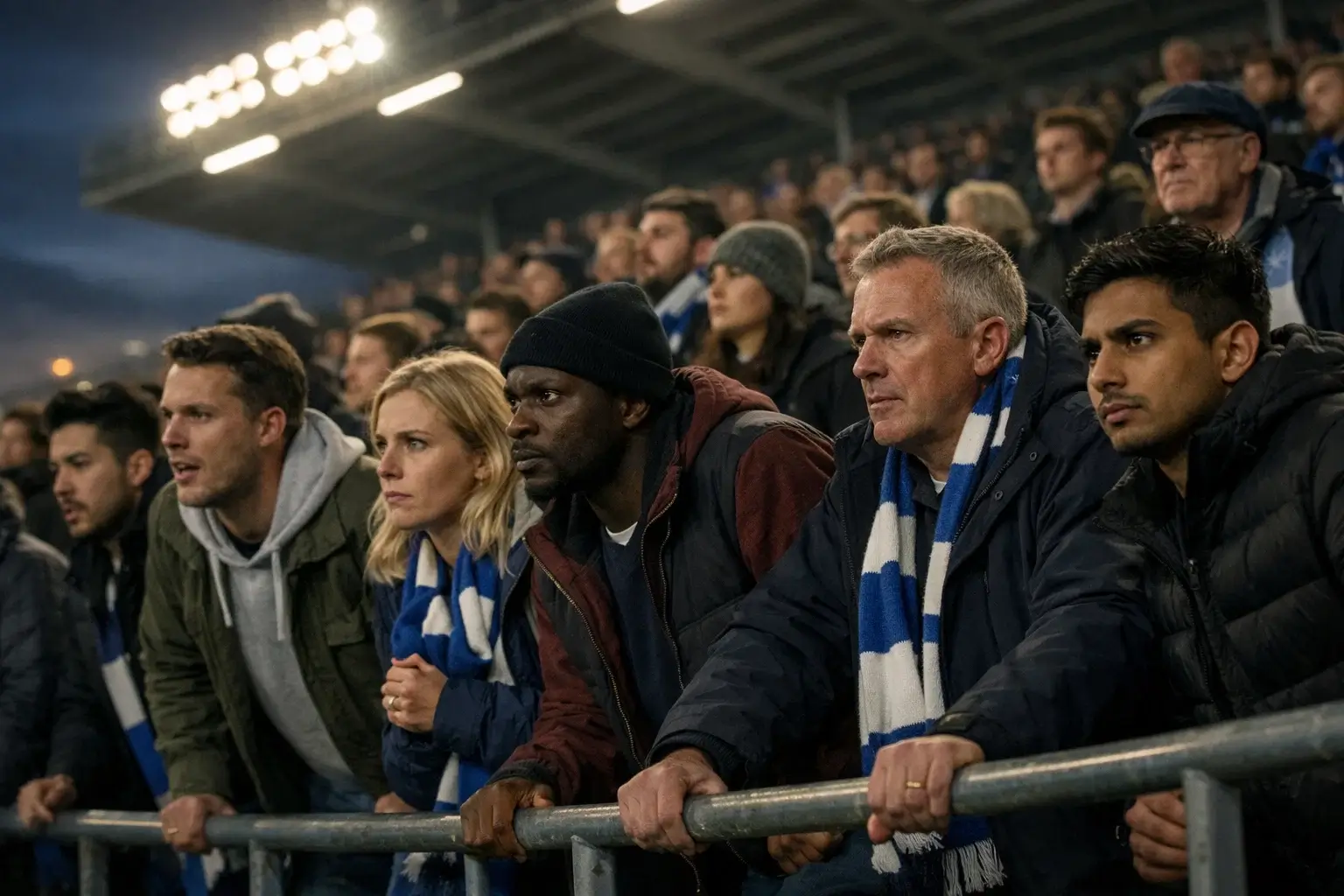 Football fans watching an intense match from the stadium stands with focused expressions