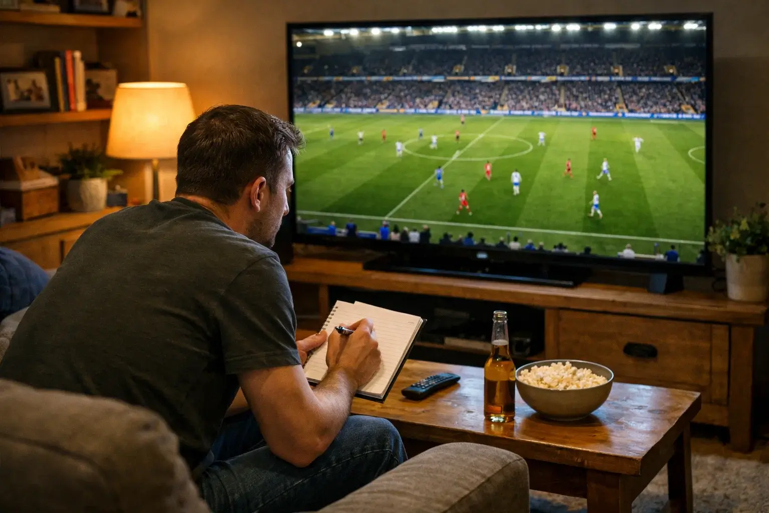 Person watching a football match on television while taking notes