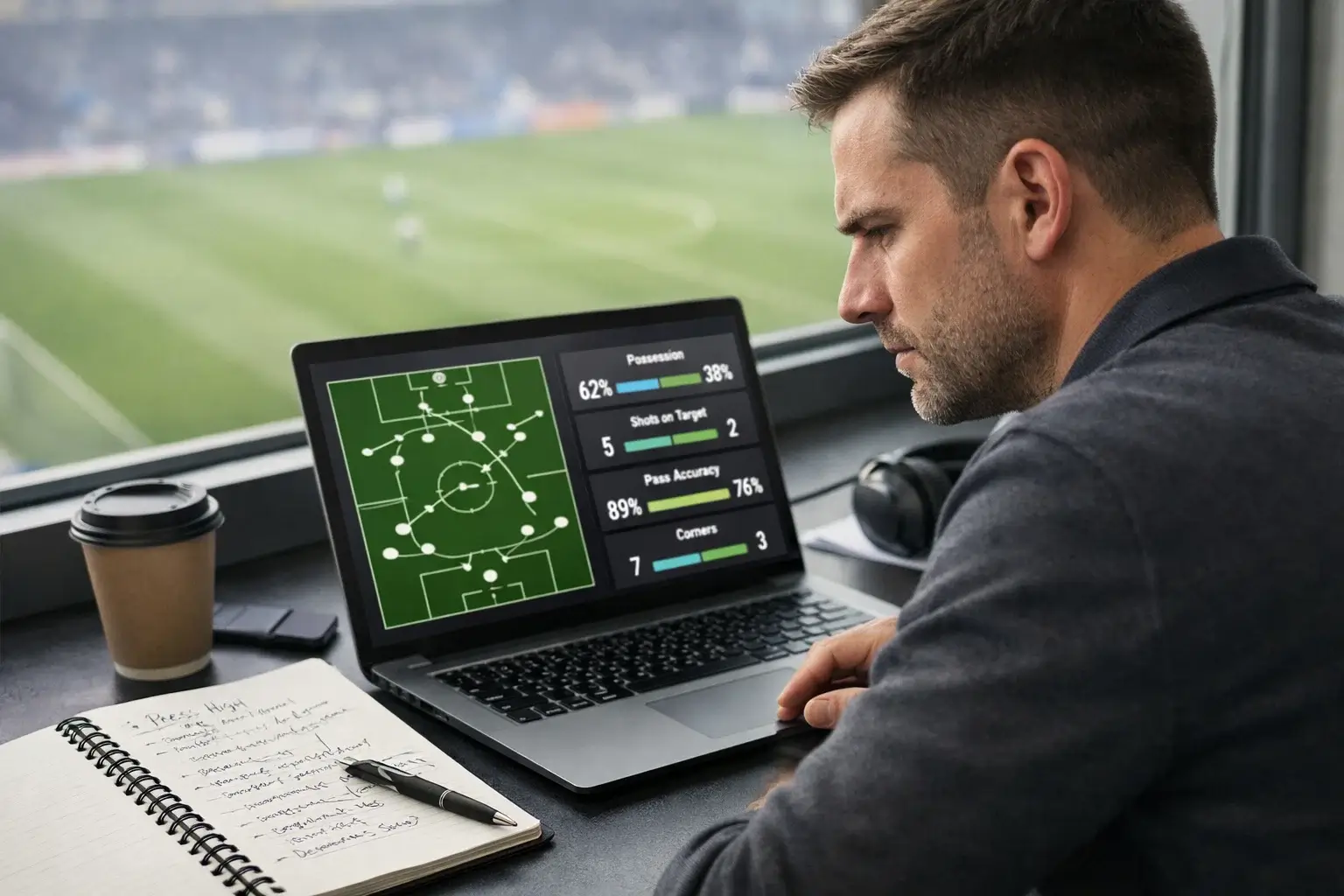 Football analyst reviewing match data on a laptop with tactical diagrams visible on screen
