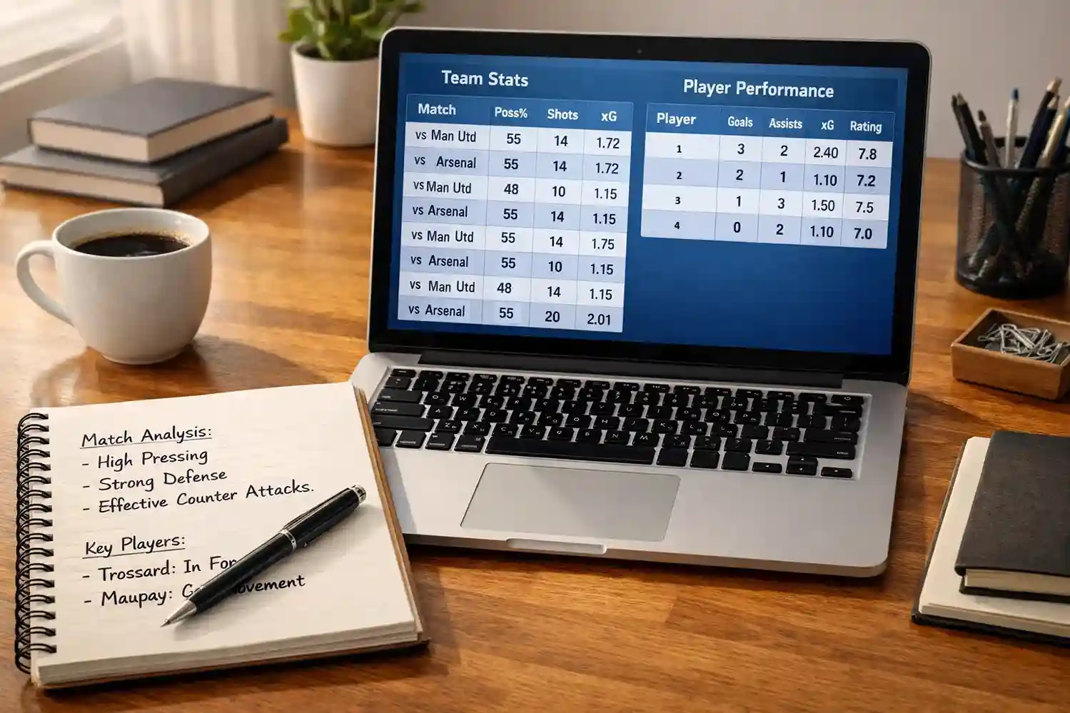 Organised desk with notebook, laptop showing football data, and research materials