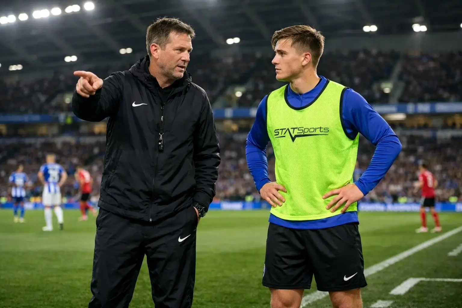 Football manager giving instructions to a substitute player on the sideline