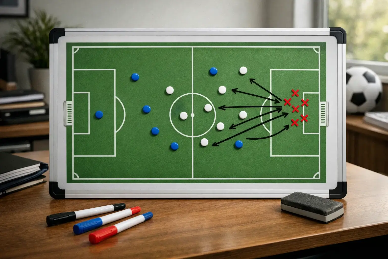 Football tactical board showing shot positions and attacking patterns