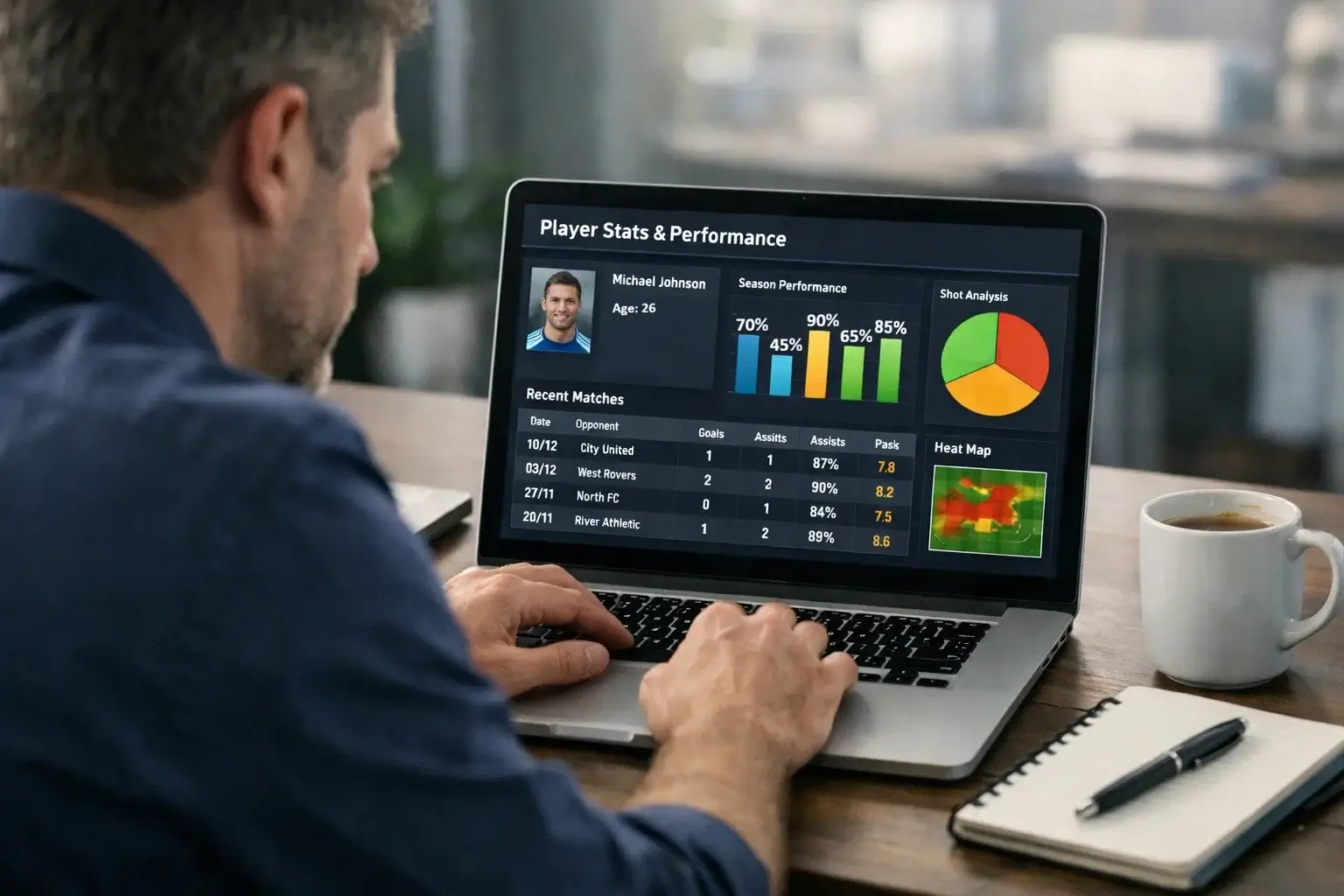 Football analyst reviewing player shot statistics on a laptop