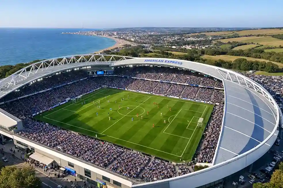 Aerial view of Brighton Amex Stadium during a Premier League match