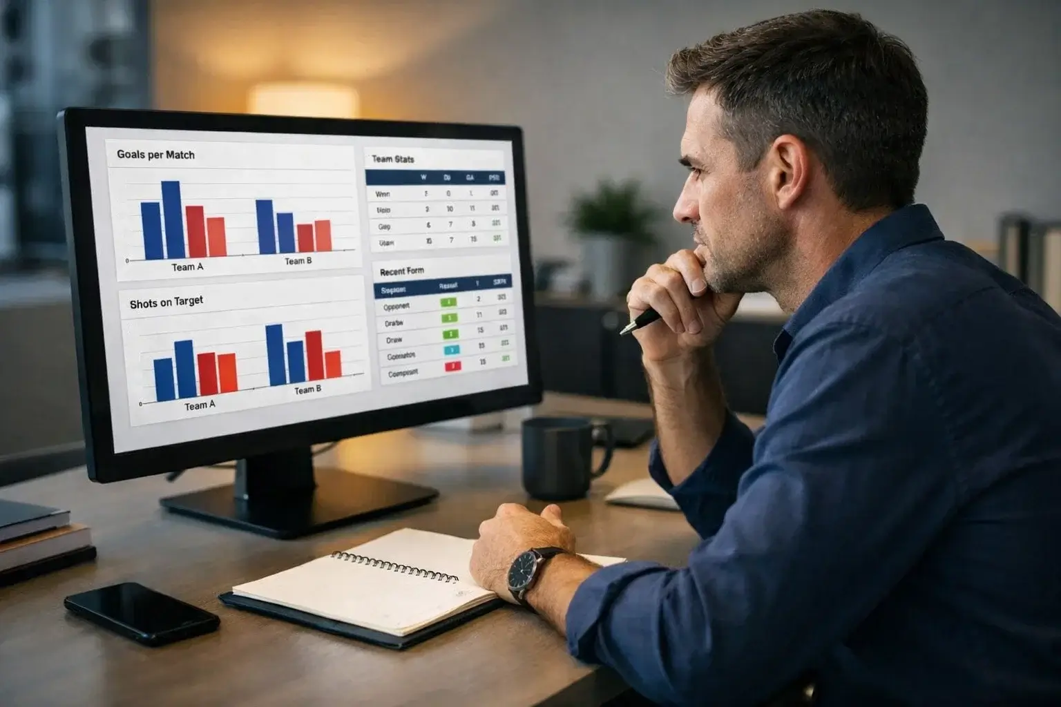 Person studying sports statistics and data on a computer monitor