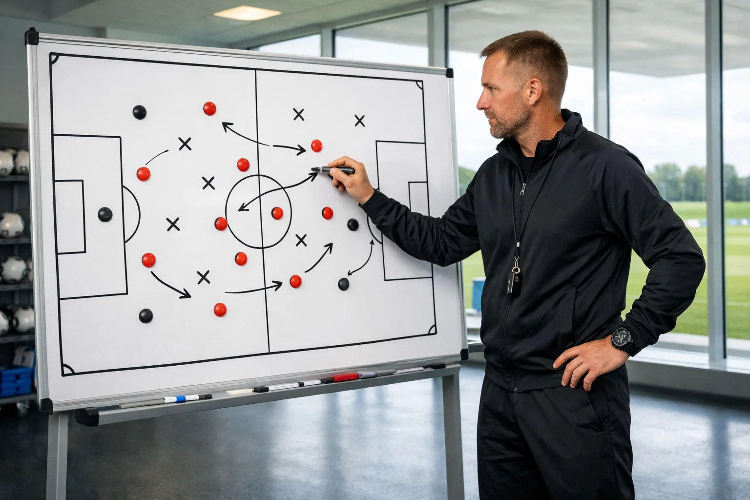 Coach analyzing opponent tactics on a whiteboard before a match
