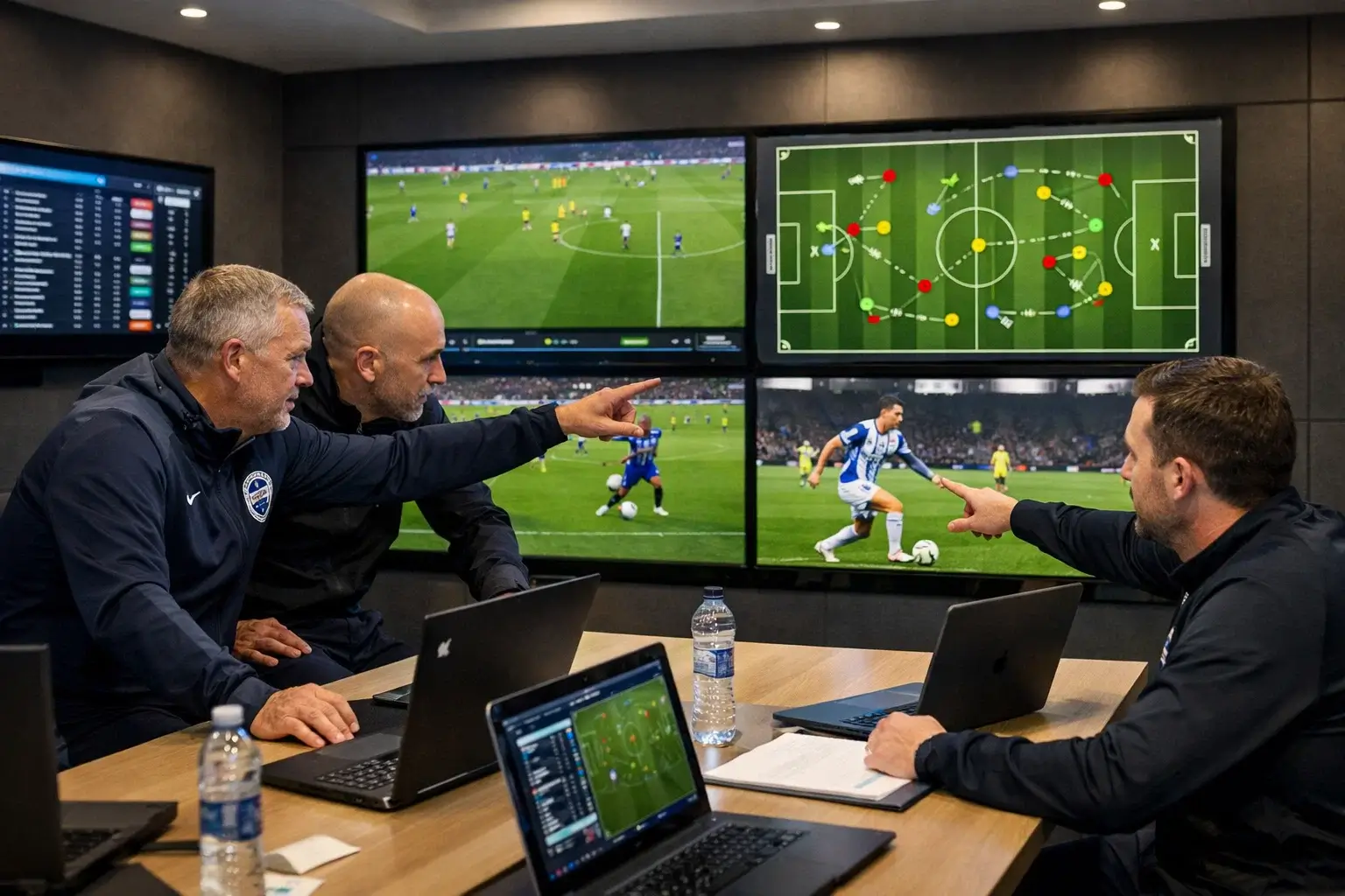 Football coaching staff reviewing video analysis on screens in a modern training facility