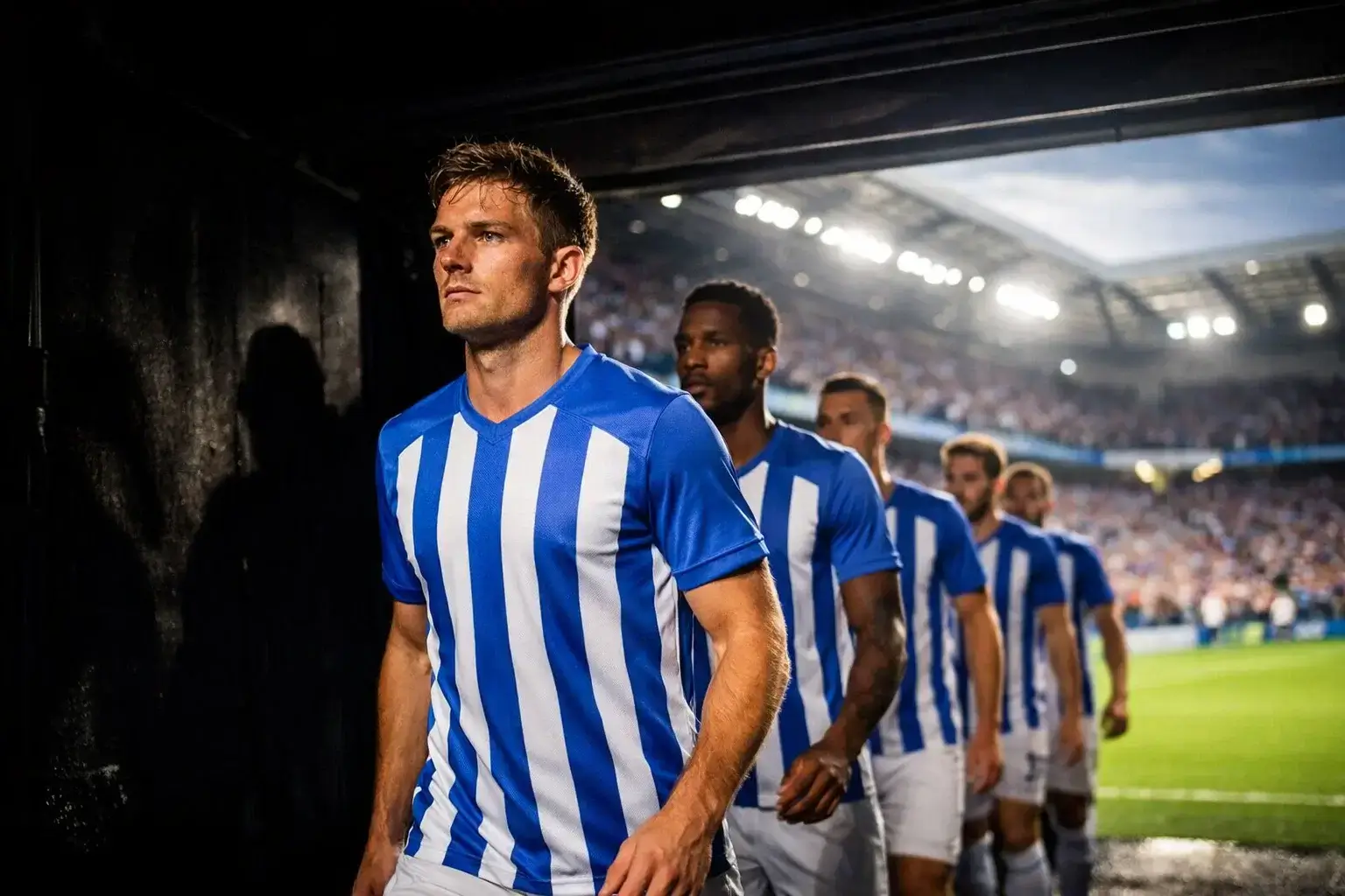 Football players walking onto the pitch before kickoff in a Premier League stadium