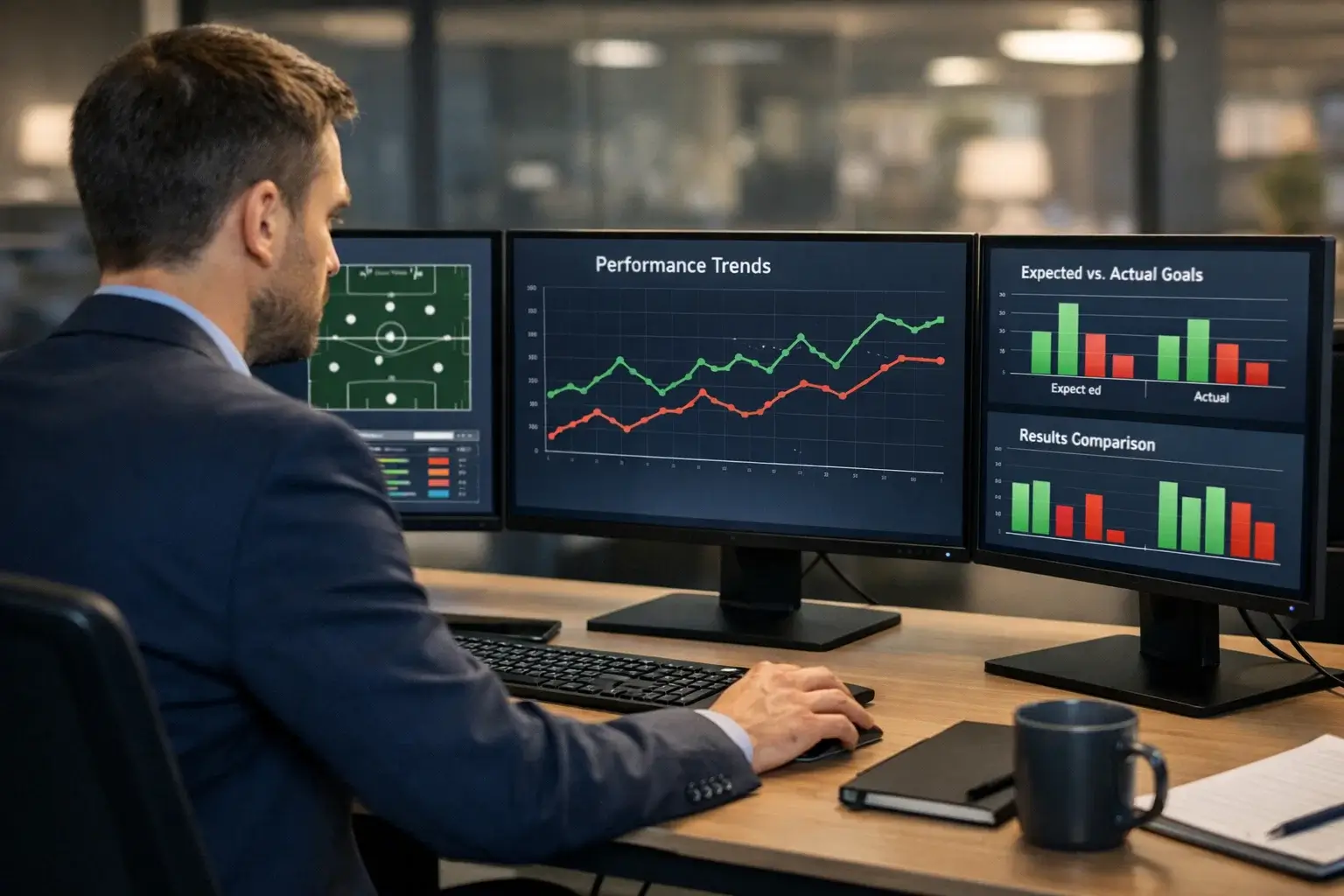 Sports analyst reviewing performance data on multiple screens showing statistics and trends
