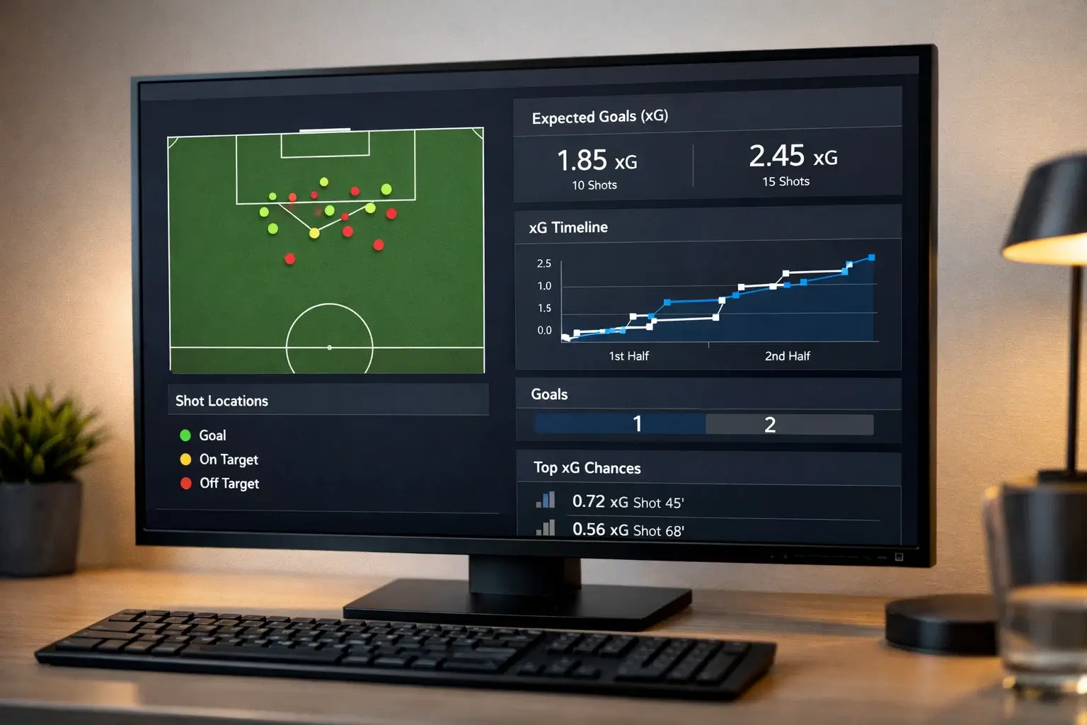 Football match statistics displayed on a screen showing shot locations and expected goals data