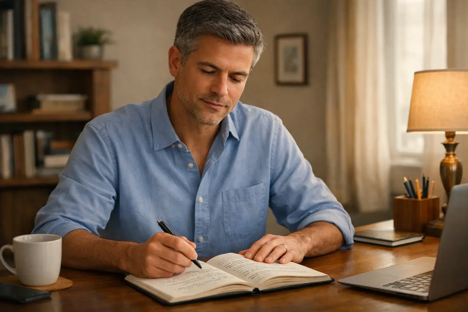 Person calmly reviewing betting notes with composed expression in a quiet setting