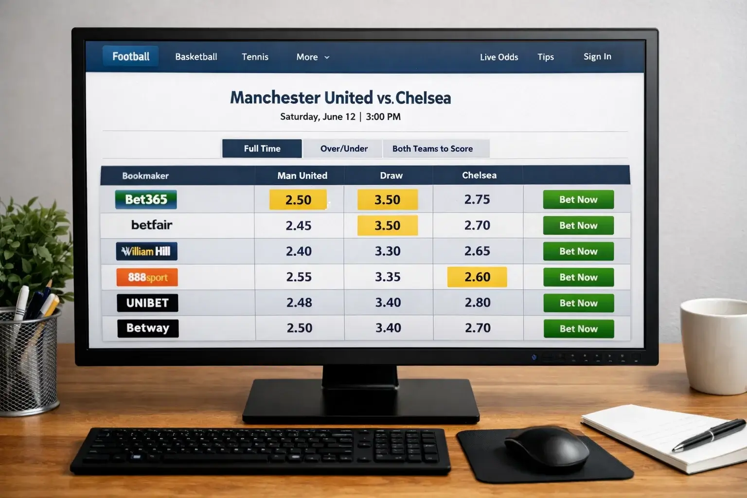 Computer screen displaying an odds comparison website with multiple bookmaker prices