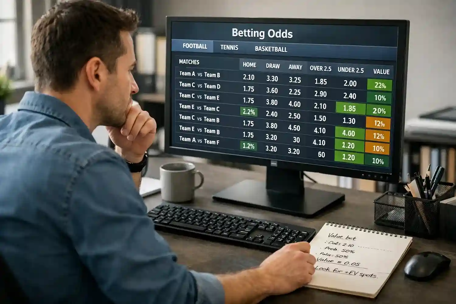Person analysing odds information on a computer screen with notepad nearby